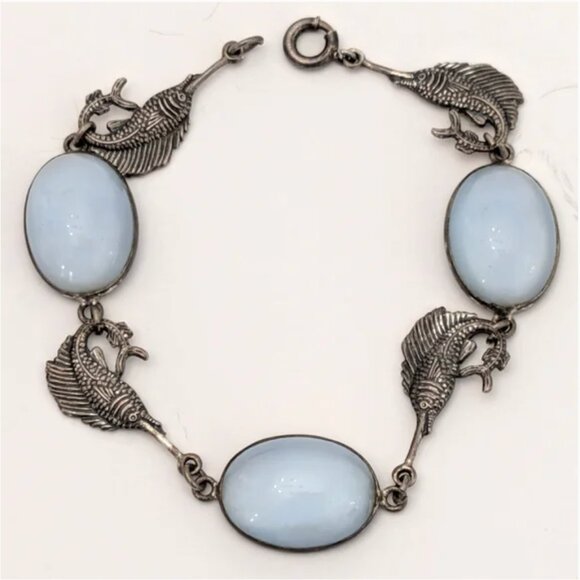 Vintage Jewelry - Stunning Vintage Sterling Silver & Blue Moonstone Swordfish Link Bracelet